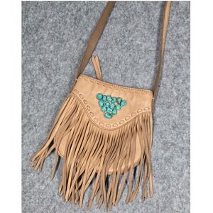 Lucky Brand Leather Crossbody Bag Tan Indio Fringe Turquoise Boho y2k Festival